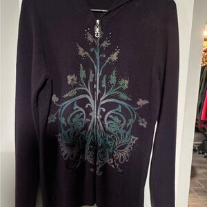 Emerald Deep Purple Cardigan with Artistic Design
